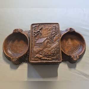 Vintage Syroco Wood Grain Cigarette Holder Ashtray Set